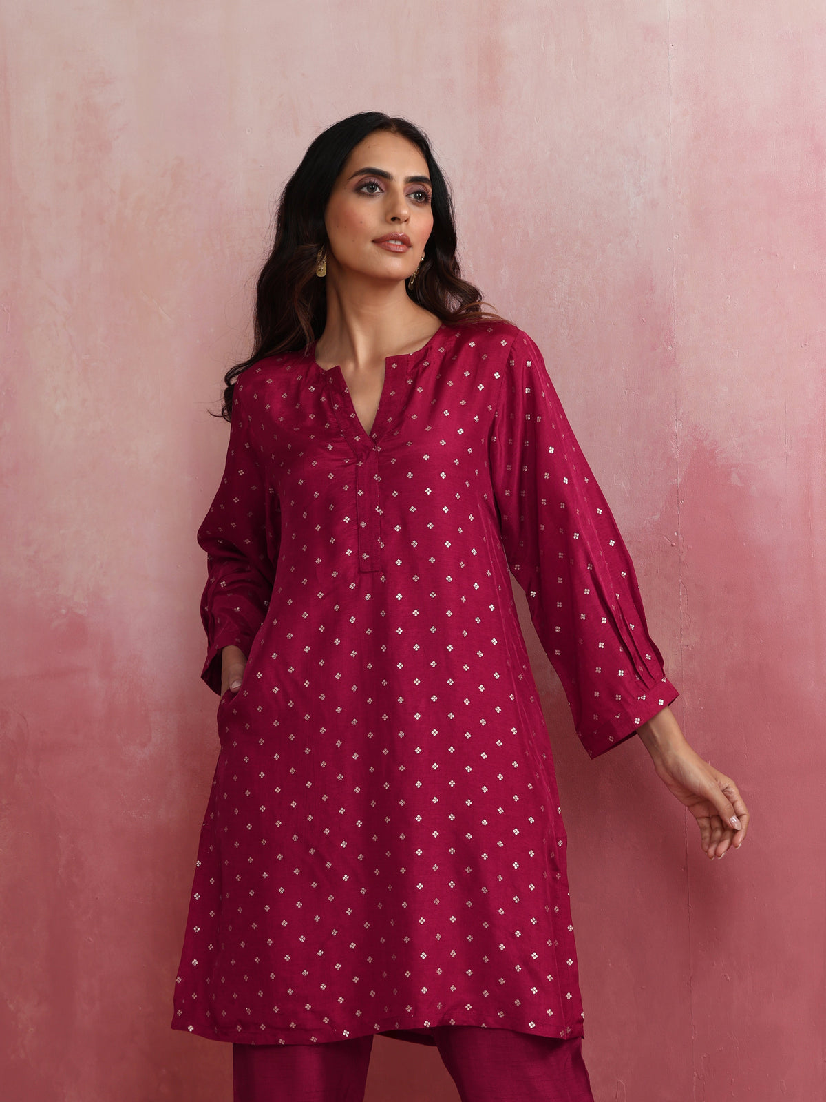 trueBrowns Pink Viscose Silk Kurta Co-ord Set | Grocsy