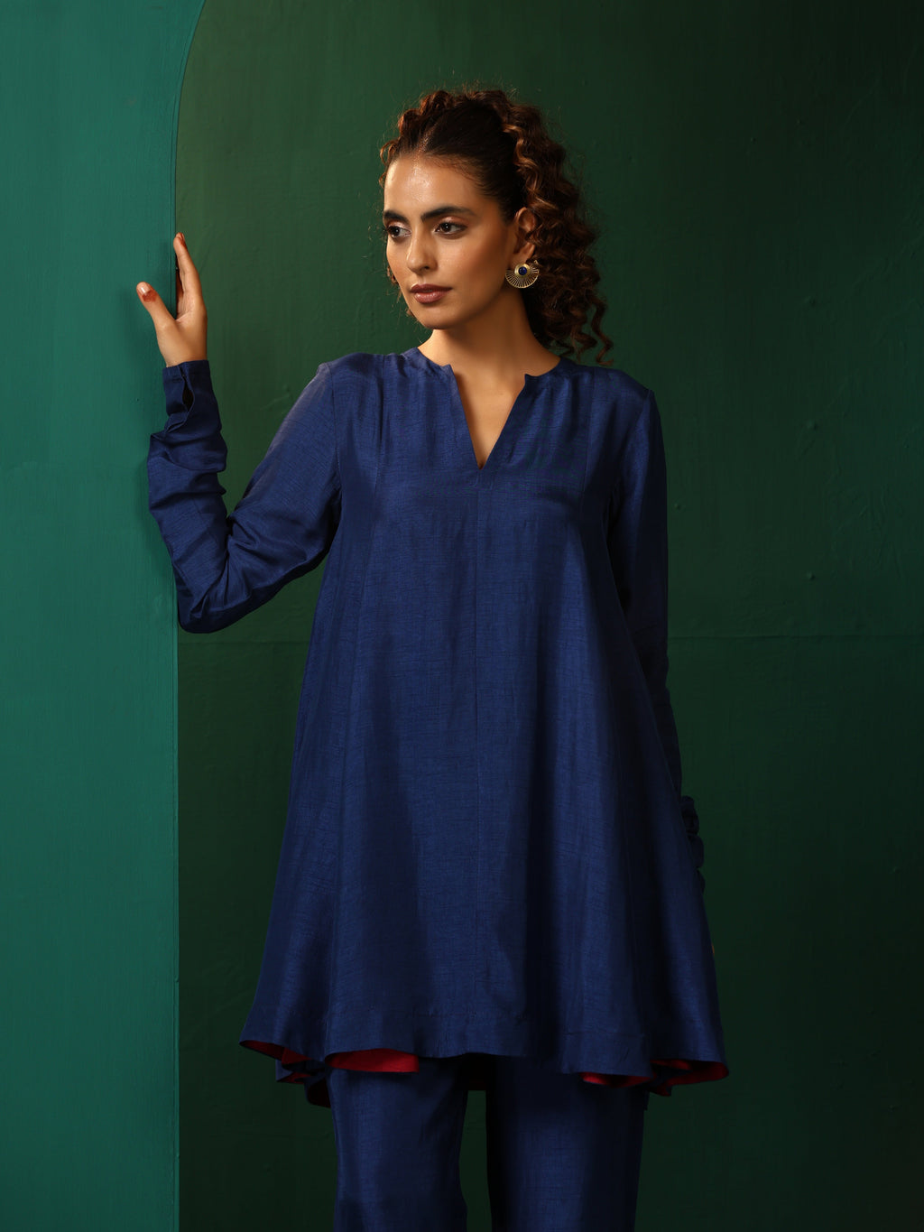 trueBrowns Blue Silk Flared Co-ord Set | Grocsy