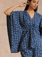 trueBrowns Indigo Dabu Floral Print Cotton Kaftan Co-Ord Set | Grocsy