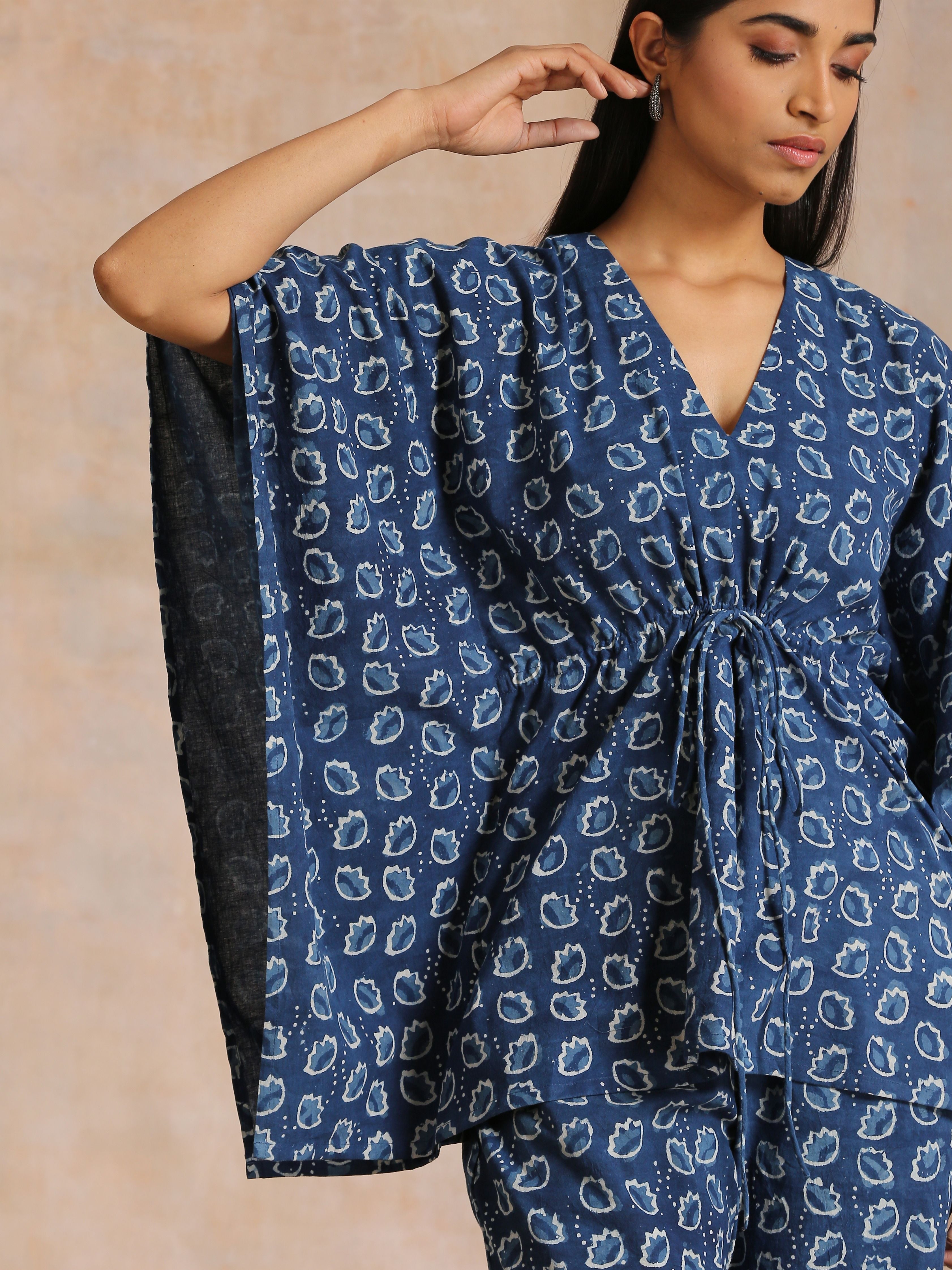 trueBrowns Indigo Dabu Floral Print Cotton Kaftan Co-Ord Set | Grocsy