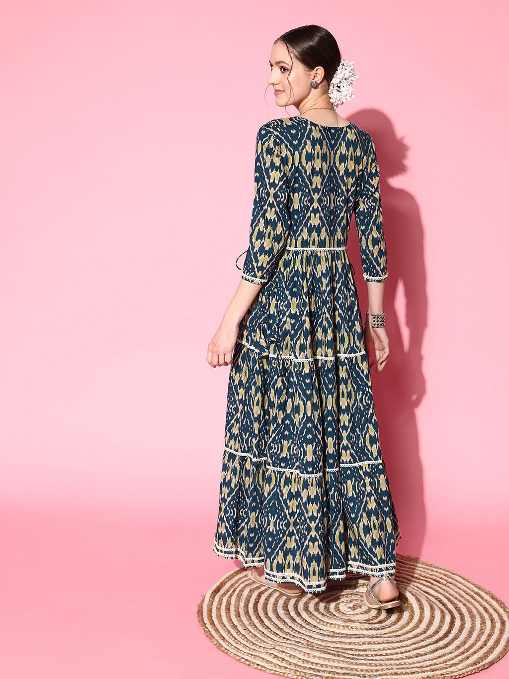 InWeave Women's Blue Ikkat Print Tiered Dress With Lace | Grocsy