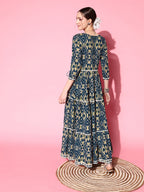 InWeave Women's Blue Ikkat Print Tiered Dress With Lace | Grocsy