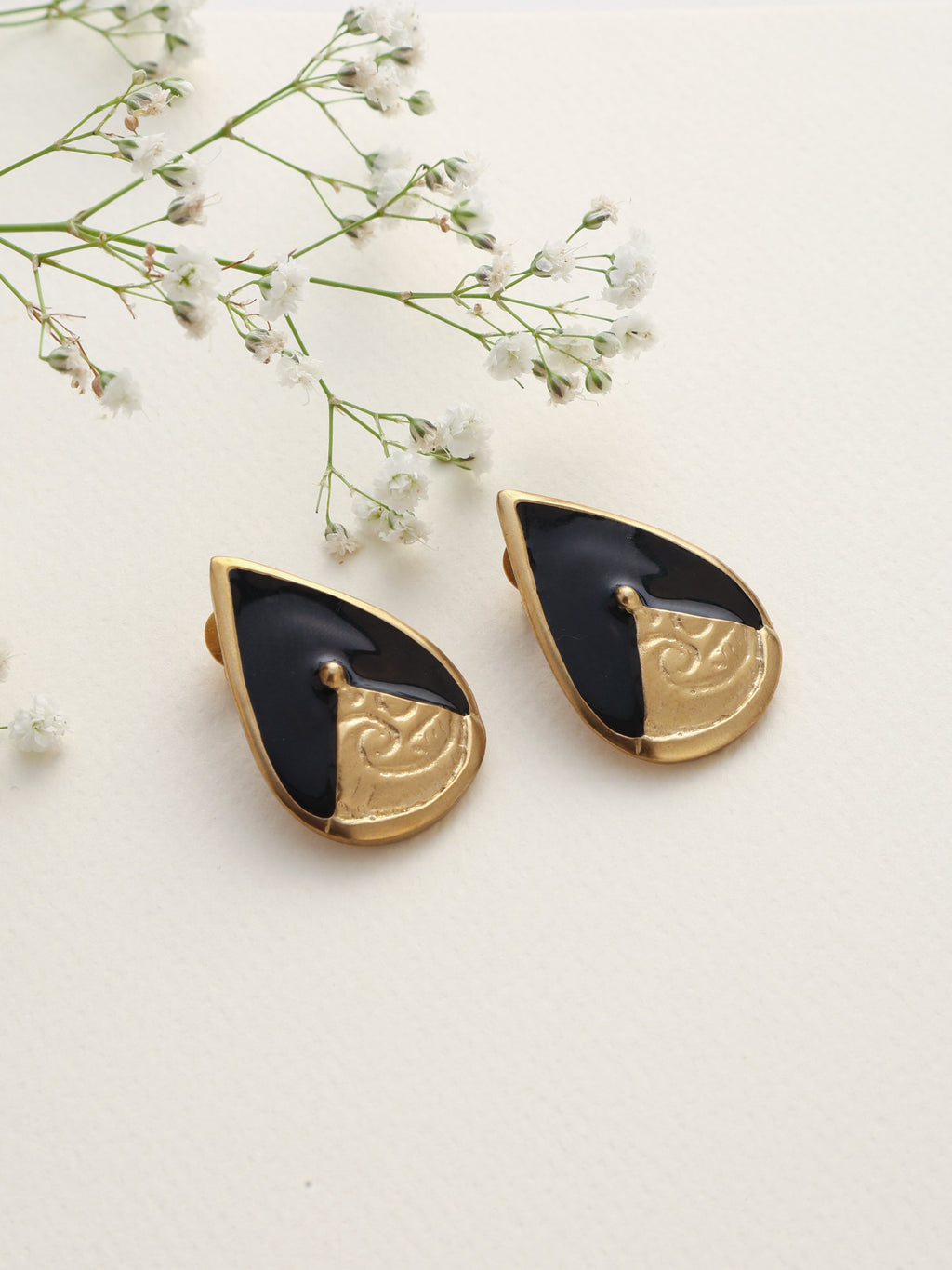 trueBrowns Brass Black Stone Drop Stud Earrings | Grocsy