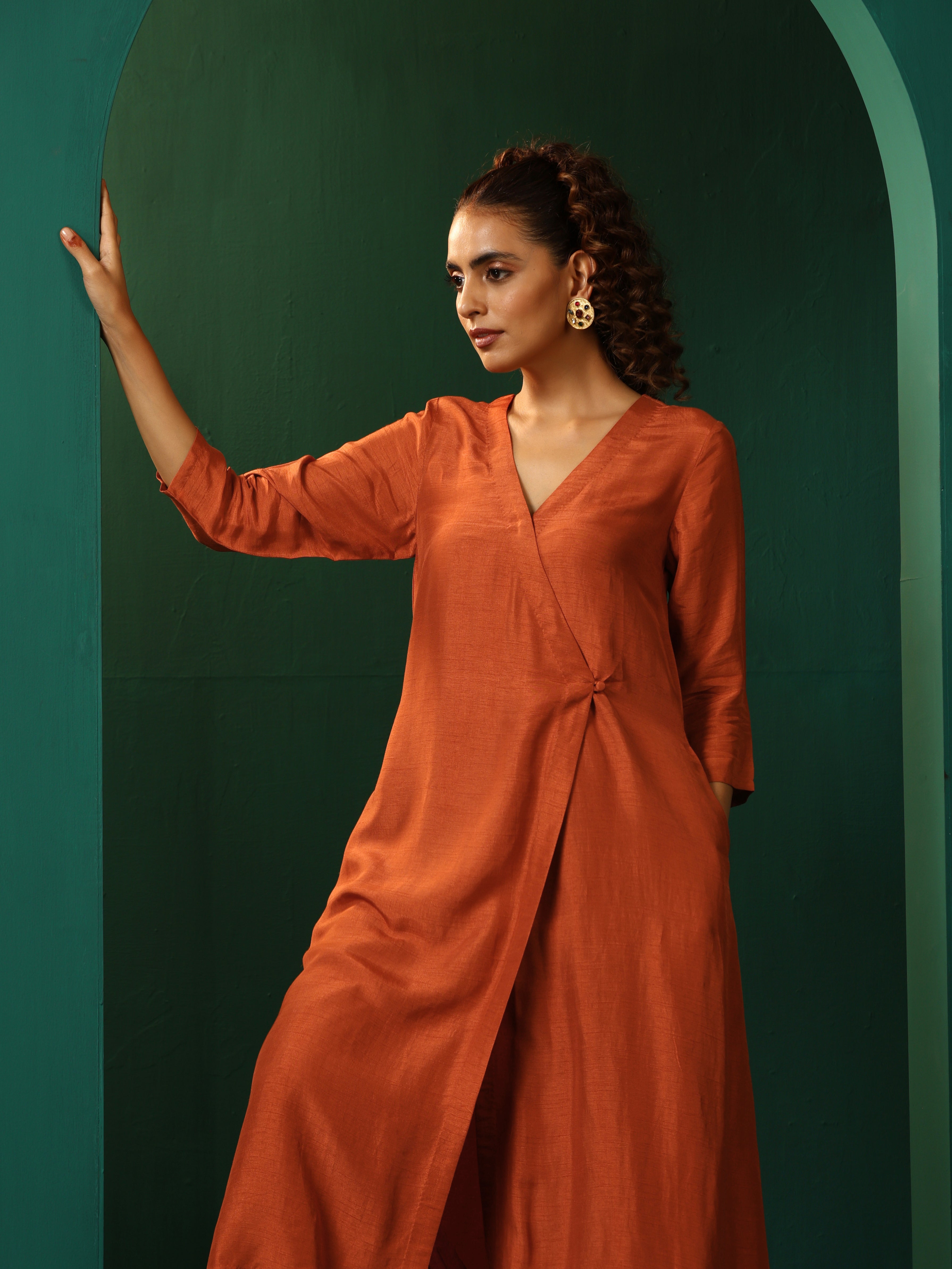 trueBrowns Rust Silk Angrakha Kurta Pant Set | Grocsy
