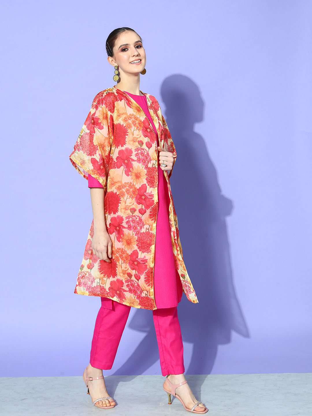 InWeave Women's Red Mustard Chintz Long Organza Cape | Grocsy
