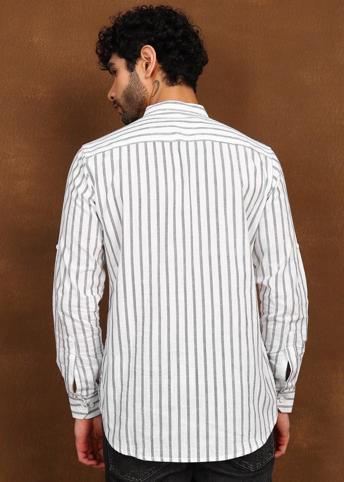 Fabmade Driftline Stripe Linen Short Kurta | Grocsy