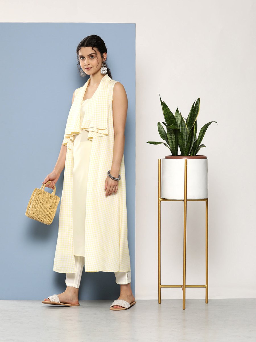 Ahalyaa Women White & Yellow Checked Crepe Kurta | Grocsy