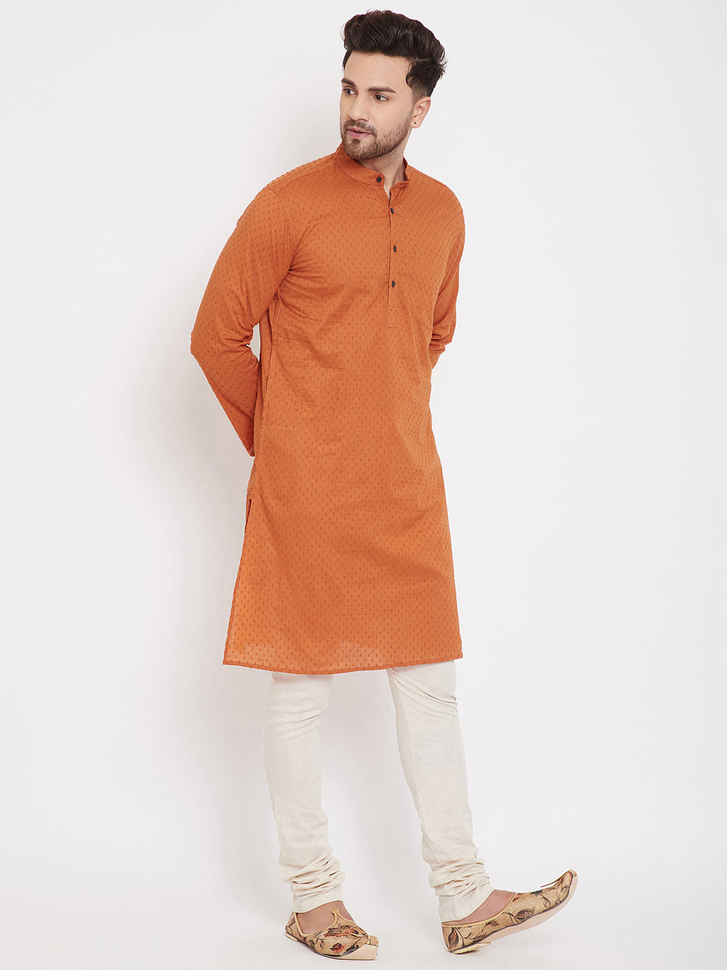 Even Apparels Orange Pure Cotton Kurta With Band Collar | Grocsy