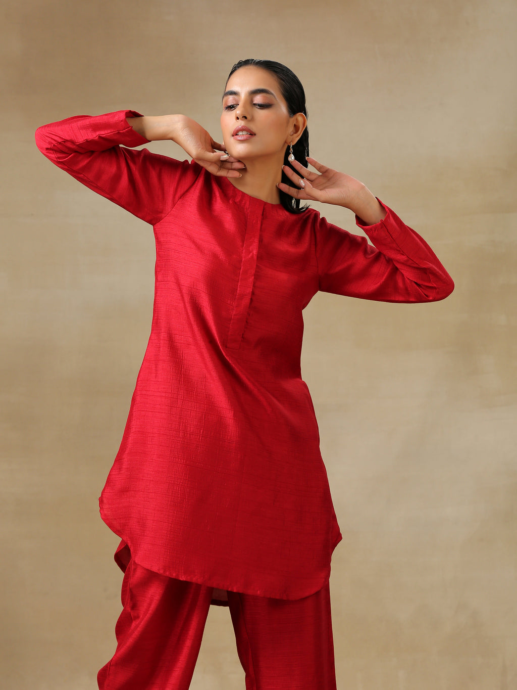trueBrowns Maroon Textured Silk Front Placket Co-Ord Set | Grocsy