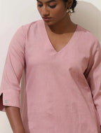 trueBrowns Pink Cotton Linen Kurta Co-Ord Set | Grocsy