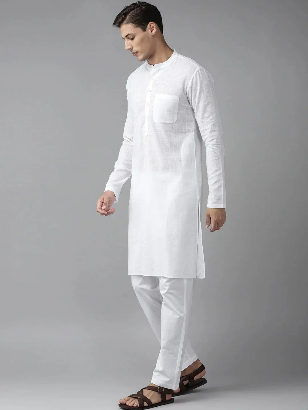 Fabmade Men White Cotton Linen Kurta | Grocsy