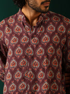 trueBrowns Men's Deep Purple Paan Muslin Silk Printed Co-ord Set | Grocsy