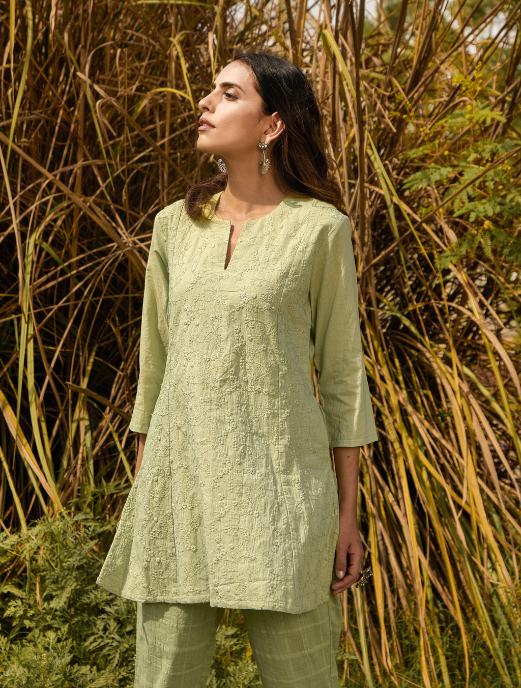 trueBrowns Green Cotton Embroidered Co-ord Set | Grocsy