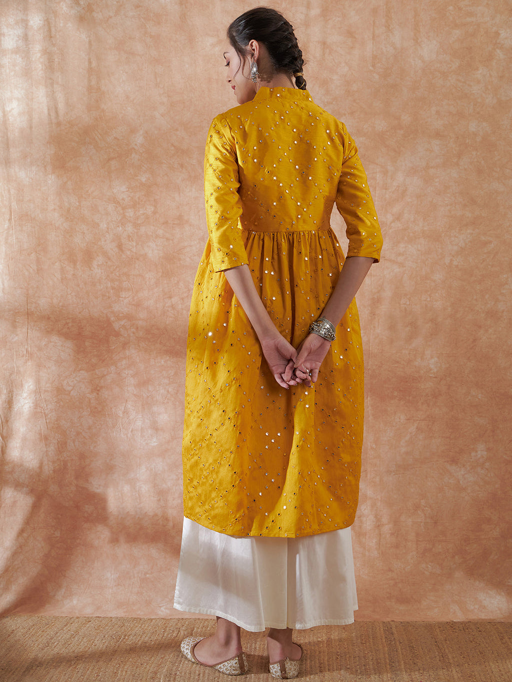 InWeave Women's Mustard Mirror Work Flared Kurta | Grocsy