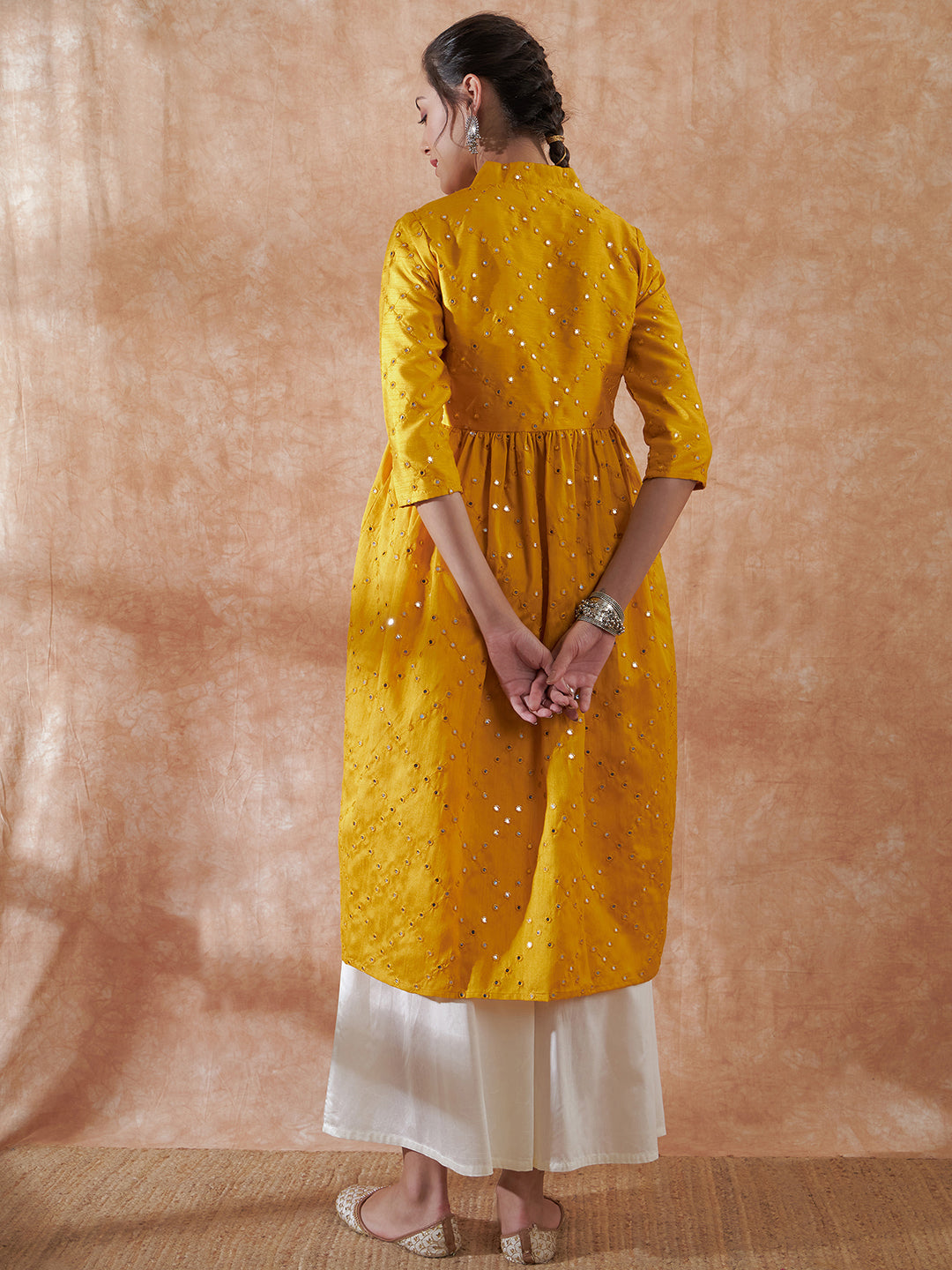 InWeave Women's Mustard Mirror Work Flared Kurta | Grocsy