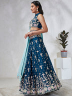 House of Panchhi Teal Pure Georgette Sequins And Thread Embroidery Lehenga Choli & Dupatta | Grocsy