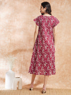 InWeave Women's Wine Cream Floral Print A Line Dress | Grocsy
