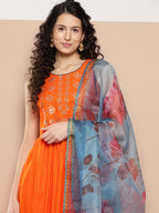 InWeave Women's Orange Mirror Work Aline Strappy Kurta Set Blue Fuchsia Or Dupatta | Grocsy