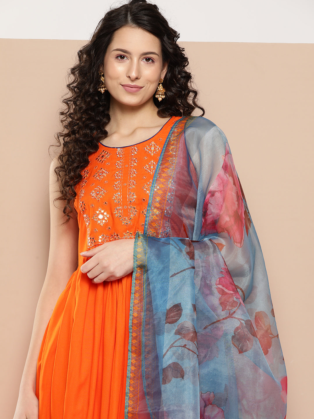 InWeave Women's Orange Mirror Work Aline Strappy Kurta Set Blue Fuchsia Or Dupatta | Grocsy