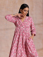 trueBrowns Pink Overall Floral Block Print Cotton Wrap Dress | Grocsy