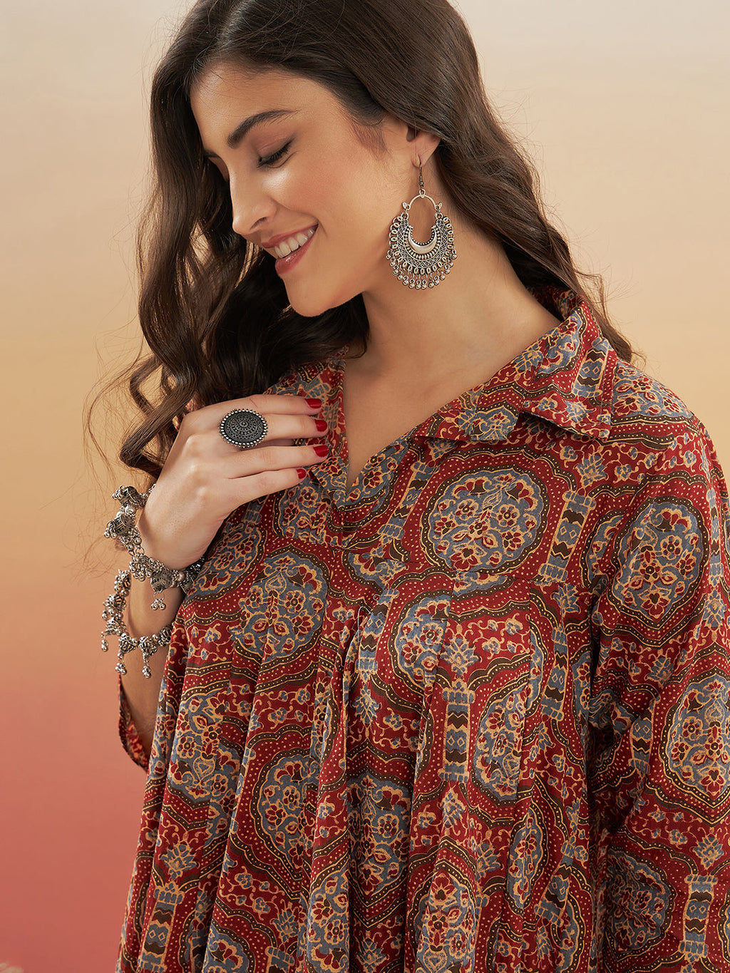 InWeave Women's Maroon Mughal Kalamkari Flared Dress | Grocsy
