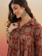 InWeave Women's Maroon Mughal Kalamkari Flared Dress | Grocsy