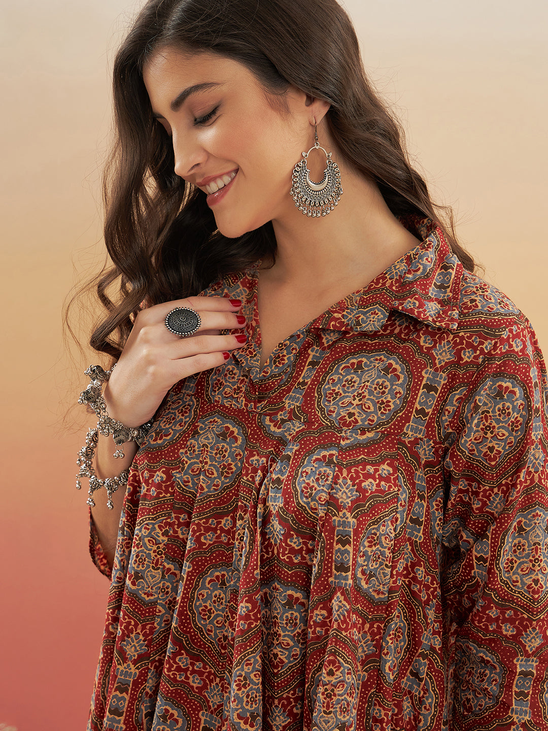 InWeave Women's Maroon Mughal Kalamkari Flared Dress | Grocsy