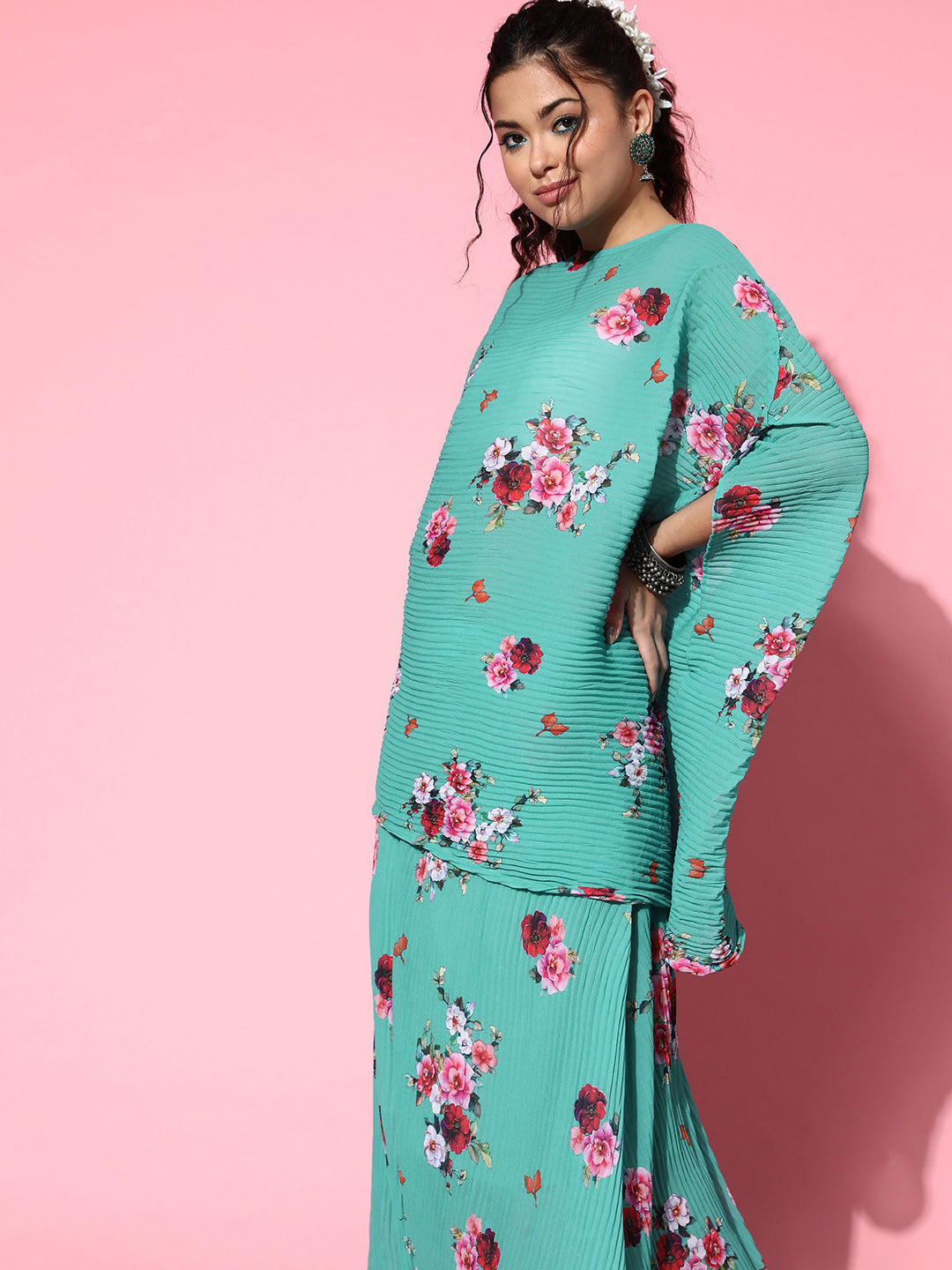 InWeave Women's Blue Floral Print Pleated Kaftan Top | Grocsy