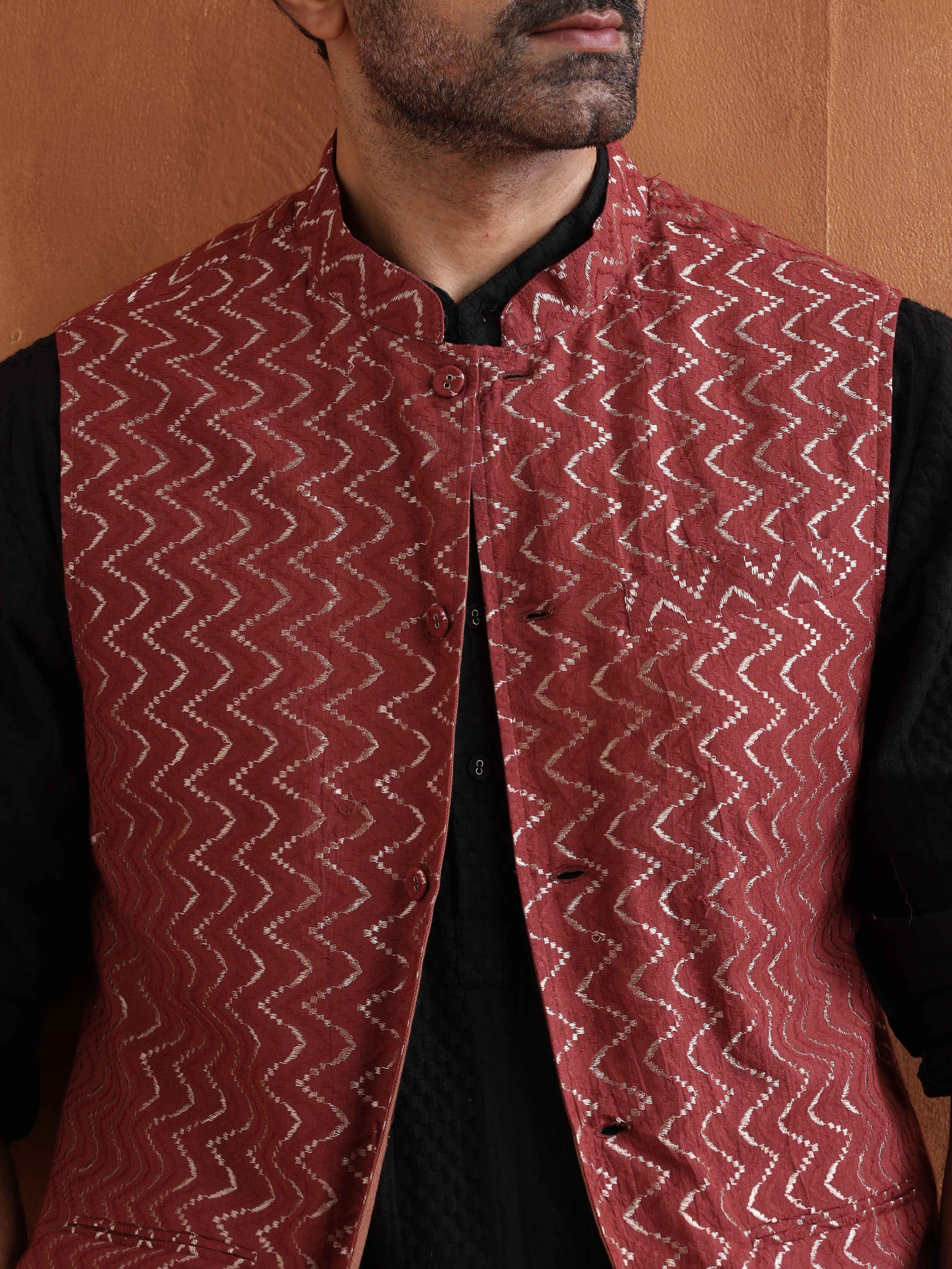 trueBrowns Men's Rust Cotton Dobby Nehru Jacket | Grocsy