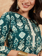 InWeave Women's Peacock Blue Ikkat Print Gota Work Straight Kurta Pant Set | Grocsy