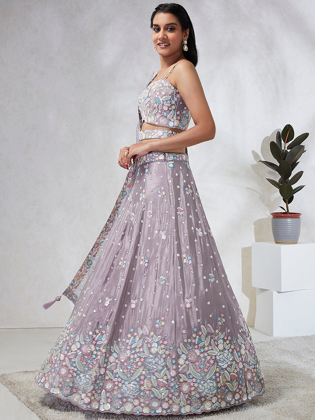 House of Panchhi Mauve Chiffon Sequins And Thread Embroidery Lehenga Choli & Dupatta | Grocsy