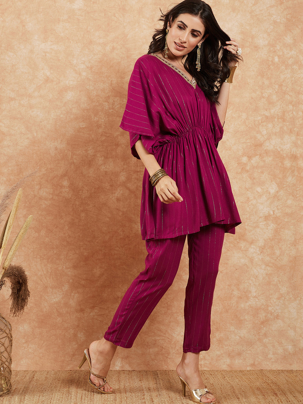 InWeave Women's Magenta Lurex V Neck Gota Kaftan Style Kurta Set | Grocsy