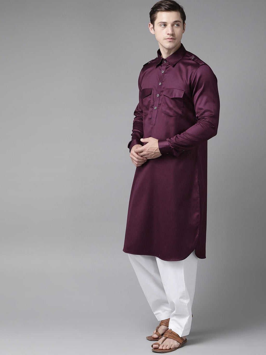 Fabmade Men Purple Pathani Kurta With Salwar | Grocsy