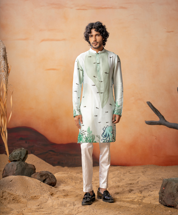 Oceanic Serenity Cotton Kurta by Hilo Design | Grocsy