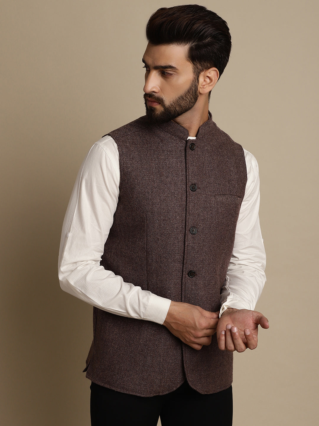 Even Apparels Men's Brown Mandarin Collar Waistcoat | Grocsy