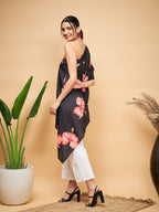 InWeave Women's Black Red Big Flower One Shoulder Kurta | Grocsy