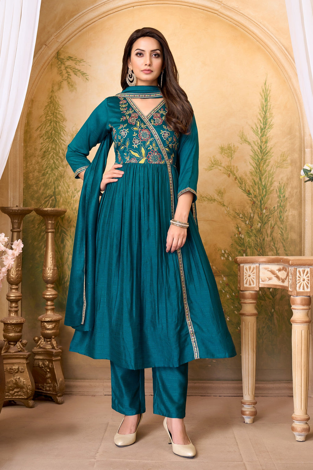 Anaita Teal Anarkali Readymade Suit with Embroidery Work | Grocsy