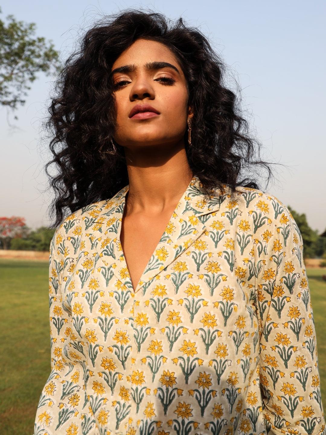 trueBrowns Light Sage Cotton Block Print Lapel Shirt Co-Ord Set | Grocsy