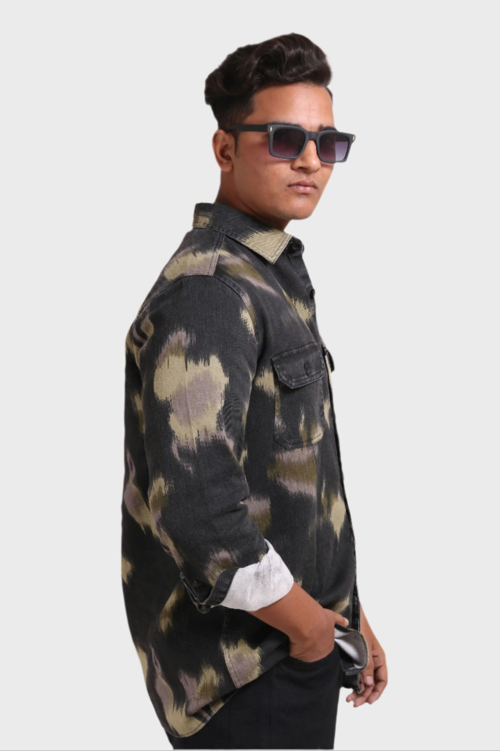 Xkind Light Green Printed Denim Shacket | Grocsy