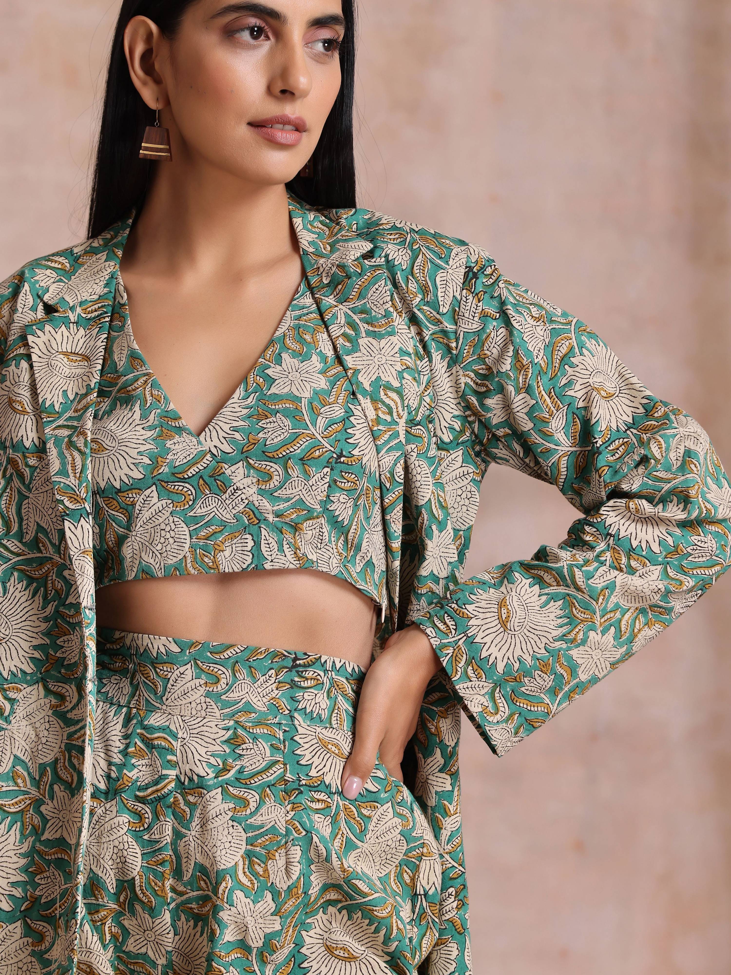 trueBrowns Fern Green Overall Floral Block Print Cotton Pant Suit Set | Grocsy