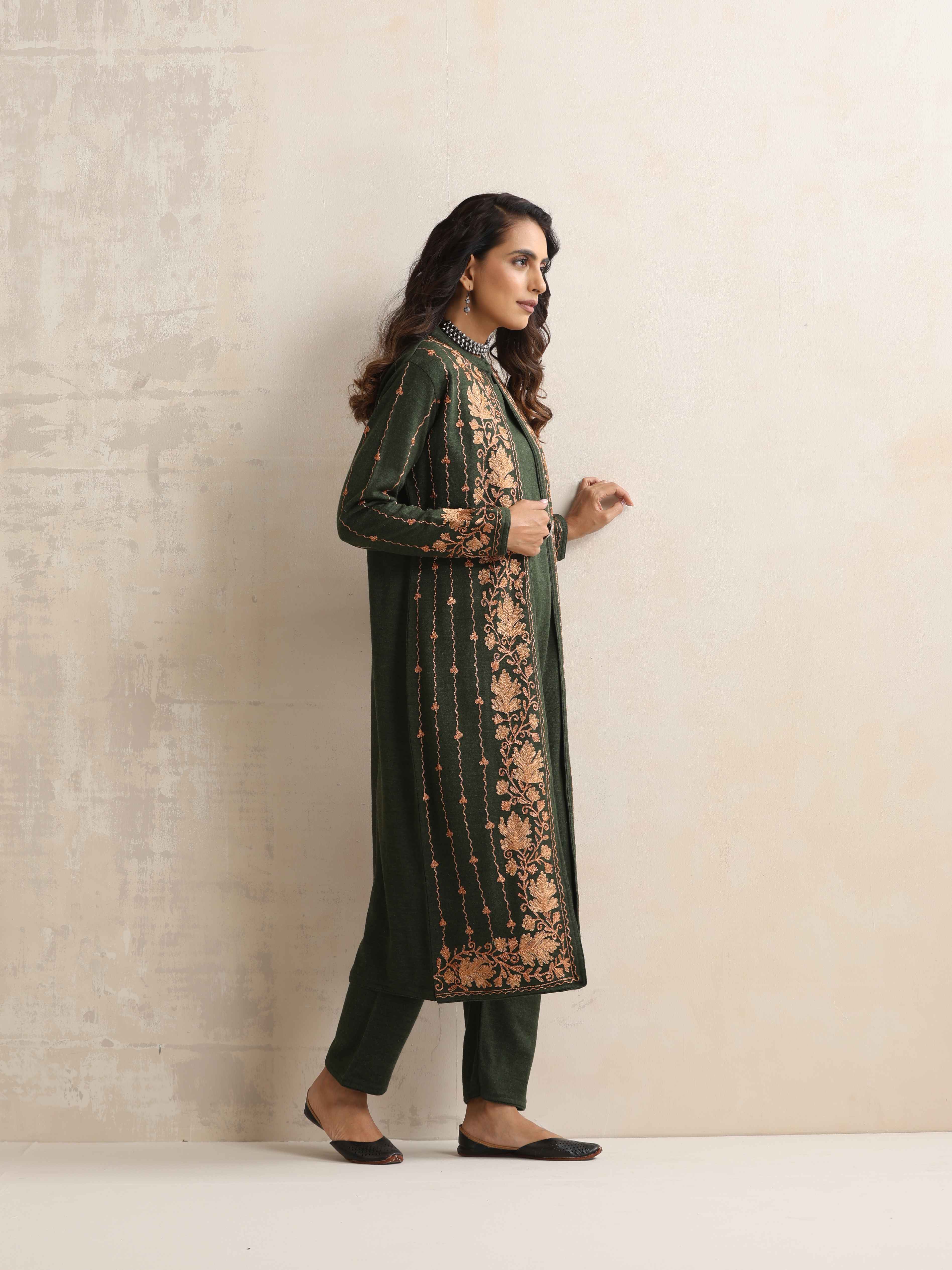 trueBrowns Green Kashmiri Woollen Jacket 3pc Set | Grocsy