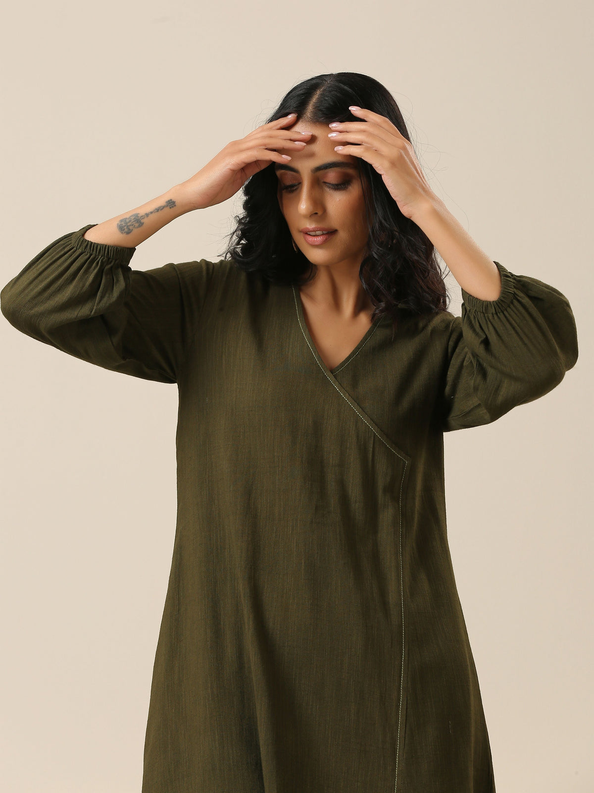 trueBrowns Olive Green Slub Texture Kurta Pant Set | Grocsy