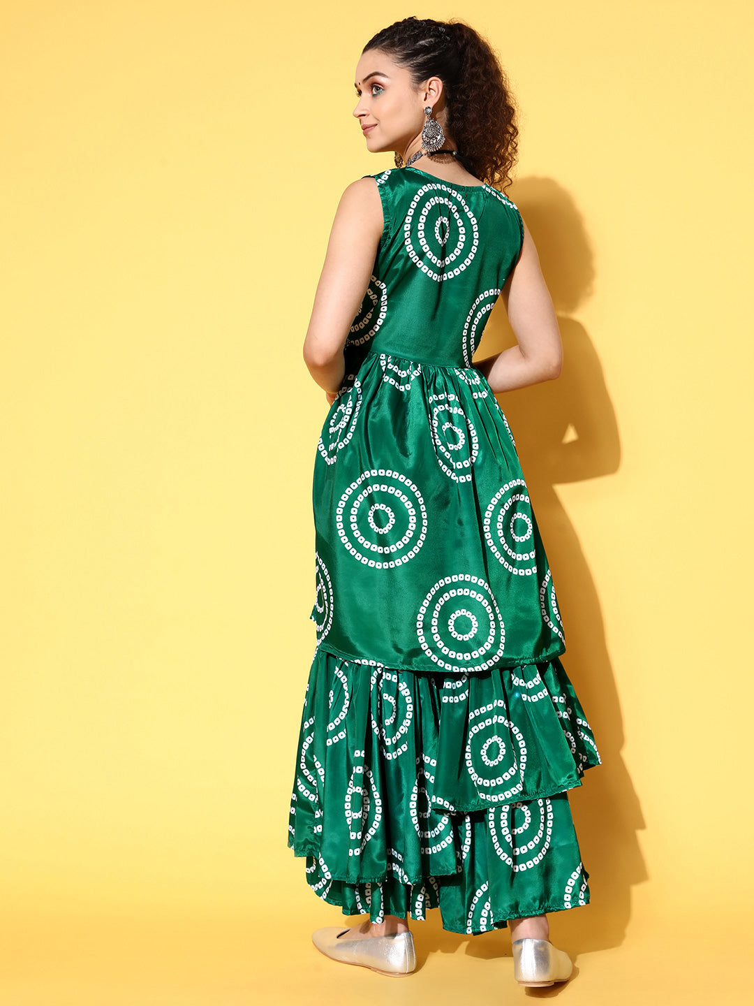 InWeave Women's Green Bandhani Motif Tiered Sharara Set | Grocsy