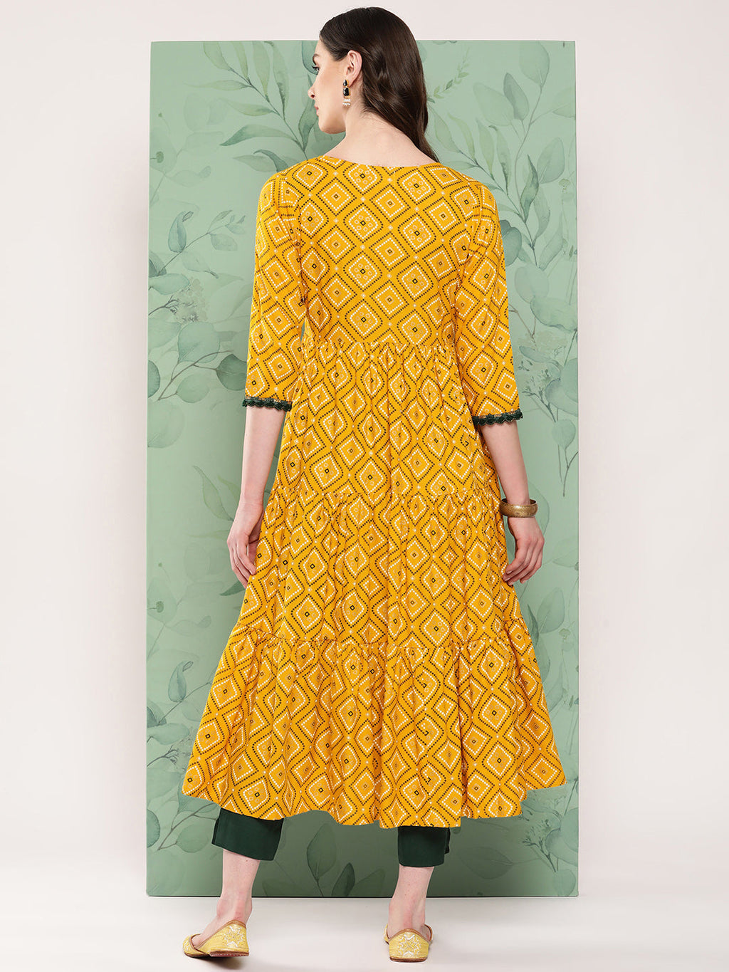 InWeave Women's Green Top Bottom W Mustard Bandhej Long Shrug Set | Grocsy