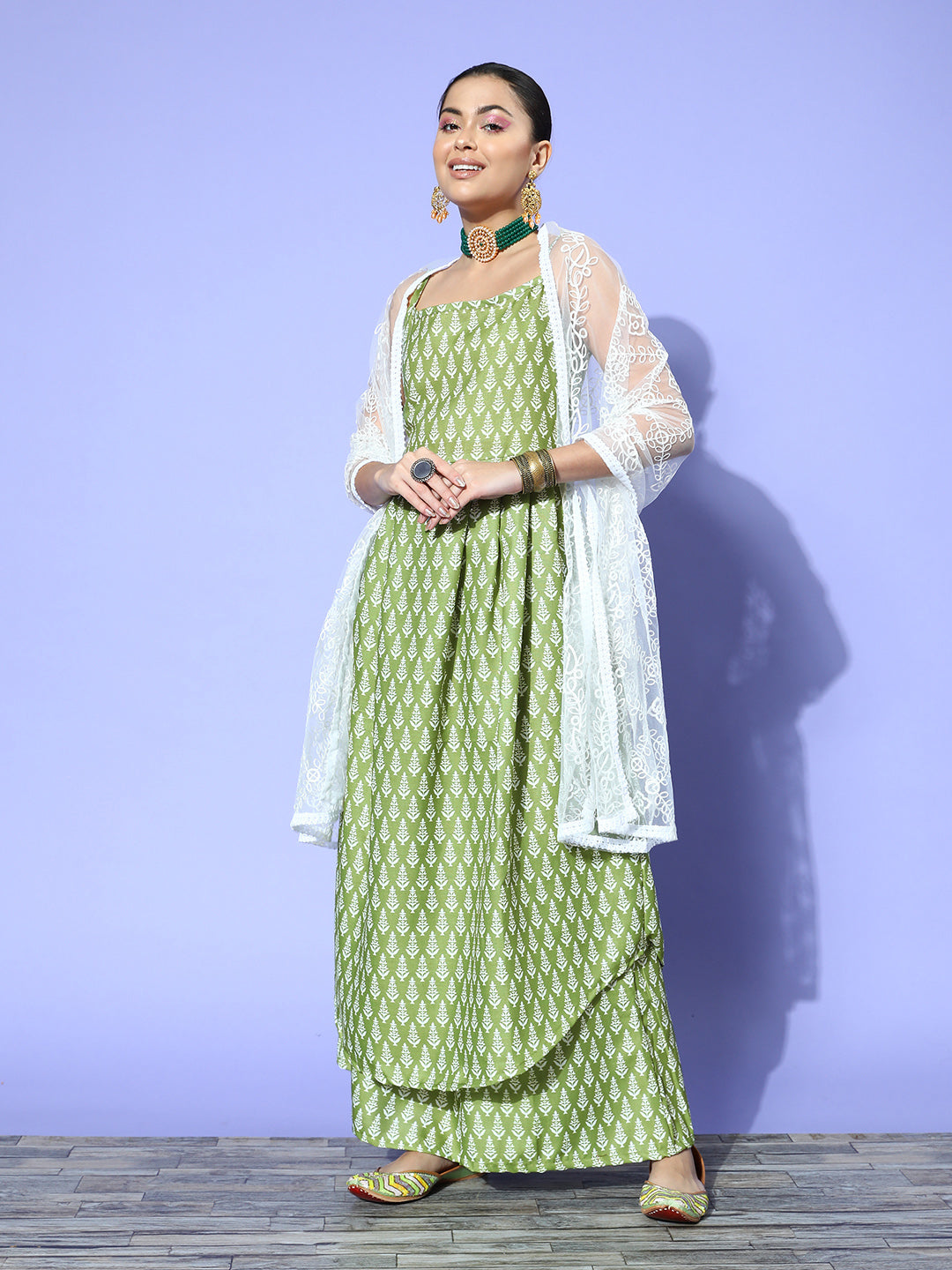 InWeave Women's Green Small Boota Print Strappy Set With Dupatta | Grocsy