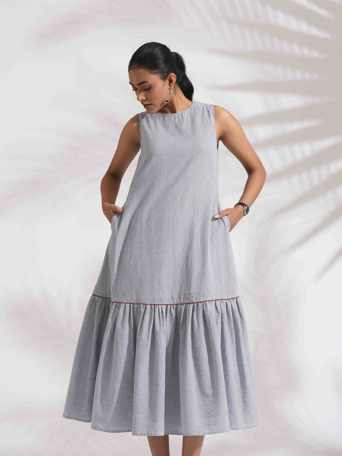 trueBrowns trueBrown Grey Cotton Stripe Tier Dress | Grocsy