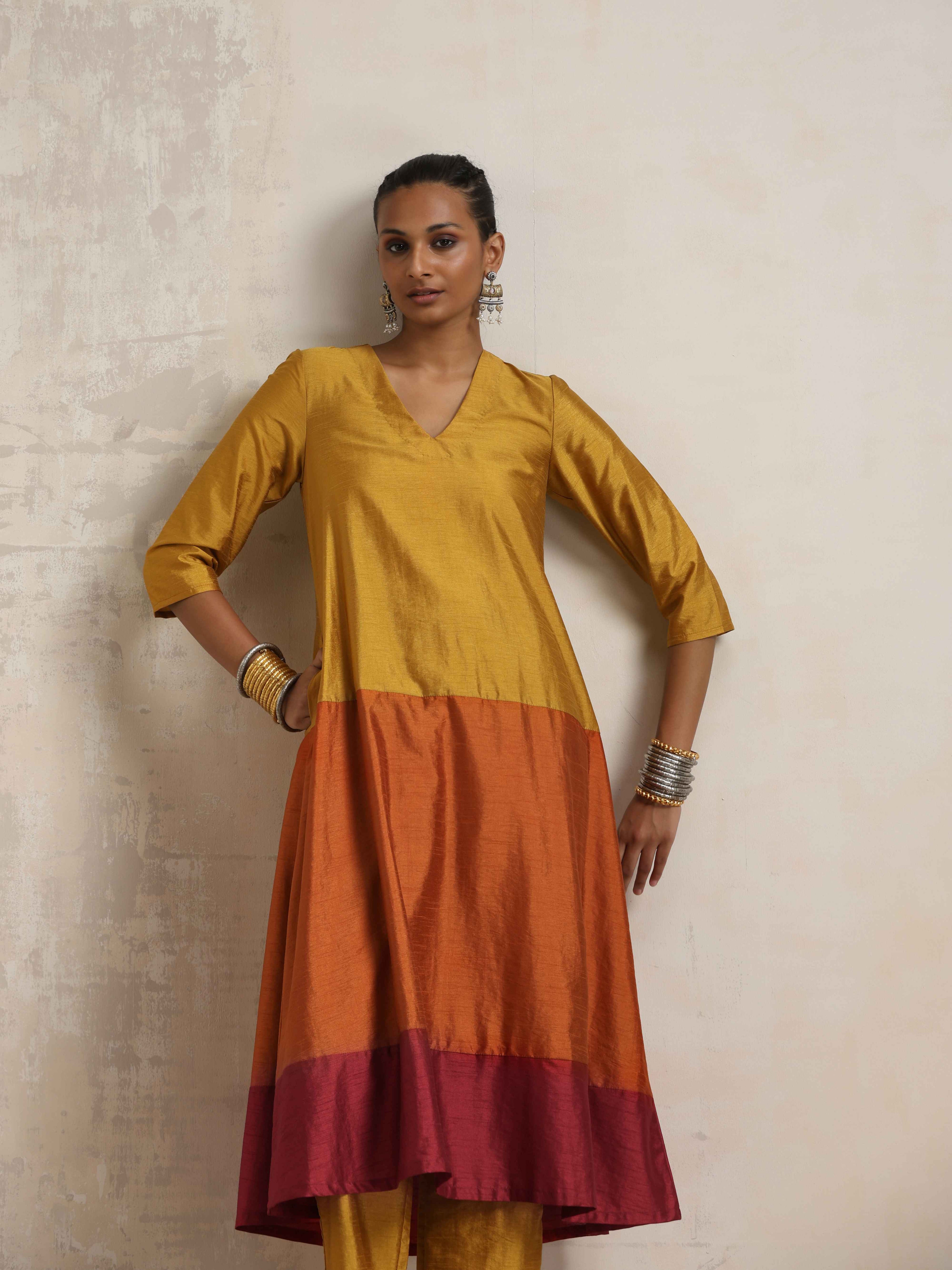 trueBrowns Gold Orange Silk A-line Kurta Set | Grocsy