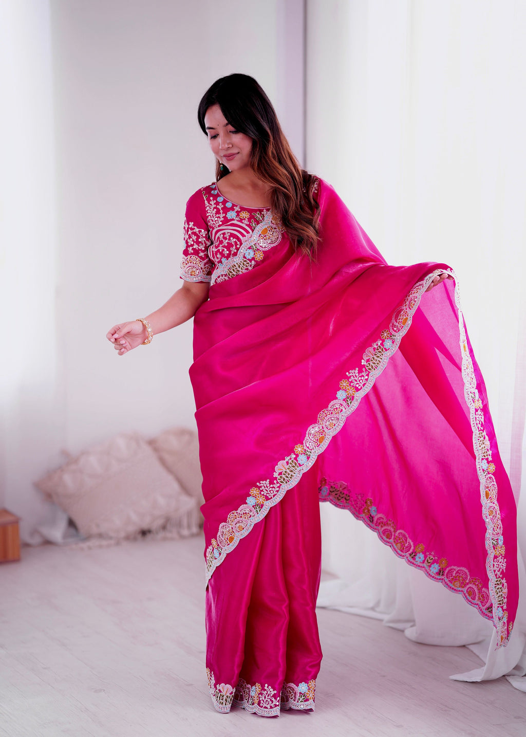 Lorenvalley Fashion Magenta Jimmy Choo with Embroidery Threads Codding & Sequins Work Saree with Blouse | Grocsy