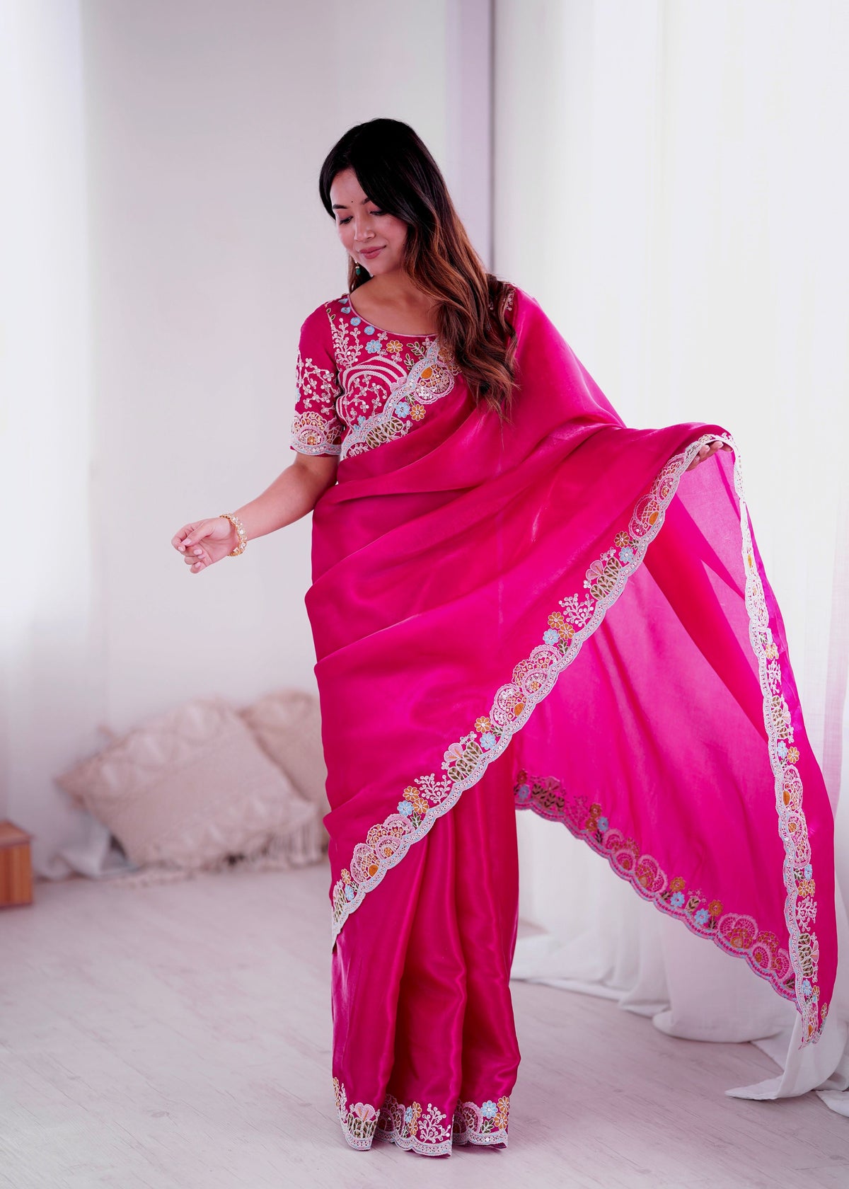 Lorenvalley Fashion Magenta Jimmy Choo with Embroidery Threads Codding & Sequins Work Saree with Blouse | Grocsy