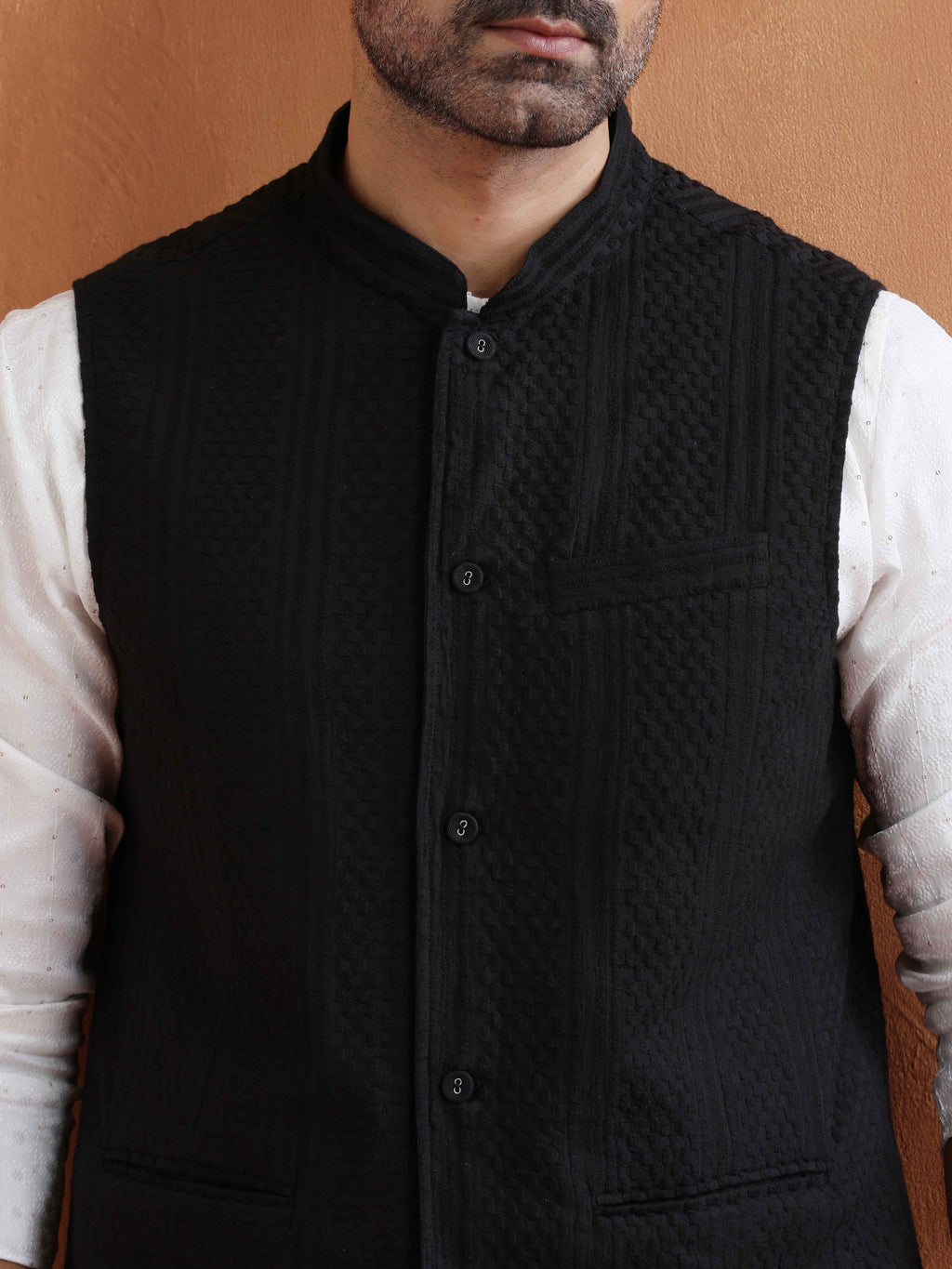 trueBrowns Men's Black Textured Cotton Dobby Nehru Jacket | Grocsy